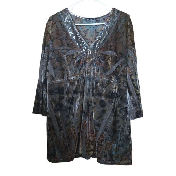 Apt. 9 Women's 2X Brown Velvet Babydoll Beaded Boho Fairy V-Neck Witchy Tunic - Picture 6 of 8